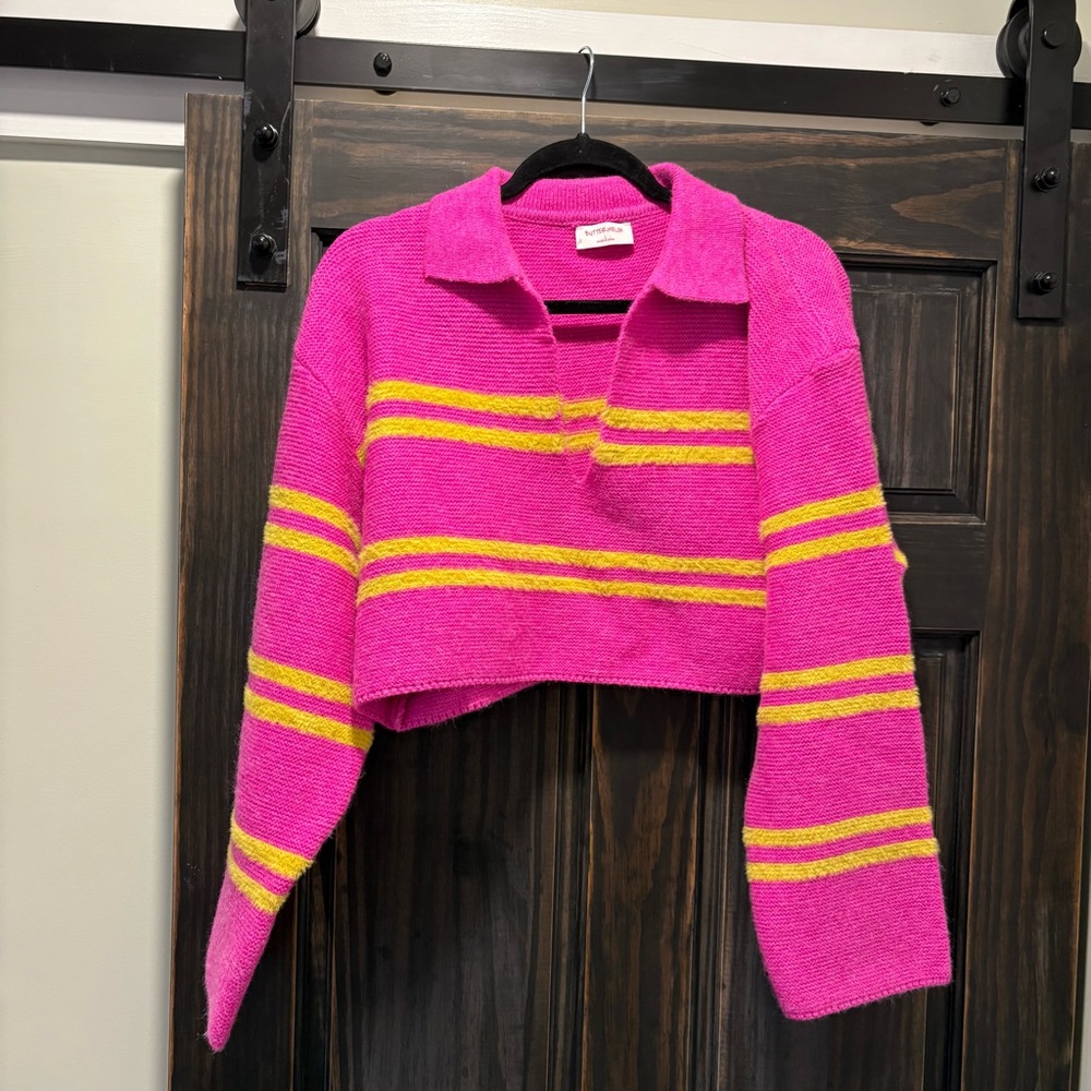 Pink and Yellow Striped V-Neck Sweater